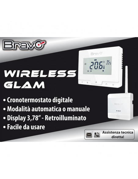 Cronotermostato wireless Bravo Glam con unità ricevente fissa, Programmazione giornaliera e settimanale, Display retroilluminato