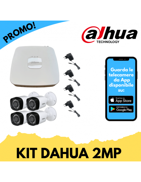 Kit Videosorveglianza Dahua con 4 Telecamere HDCVI Bullet Dahua 2 Megapixel, 1 XVR Dahua 2MP 4 Canali, 4 Alimentatori 12V 1A
