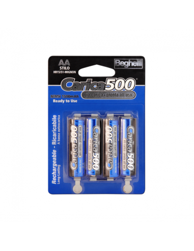 Beghelli 8851 Batterie ricaricabili Stilo AA 1500 mAh 1,2V, Confezione da 4 pezzi, Pronte all'uso