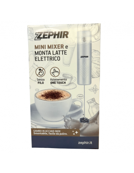 Zephir ZHC37 Mini Mixer Montalatte a batterie, Gambo Acciaio Inox Smontabile, Bianco, Ergonomico, Per latte, caffè, cioccolata
