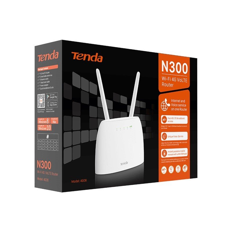 Tenda 4G06 Router WiFi per SIM 4G LTE, Porte LAN e Telefonica, 300 Mbps, 2 Antenne, Bianco, Fino a 32 dispositivi