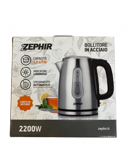 Zephir ZHC94 Bollitore in acciaio con filtro, 2000W, 1.7 Litri, Autospegnimento, Indicatore luminoso
