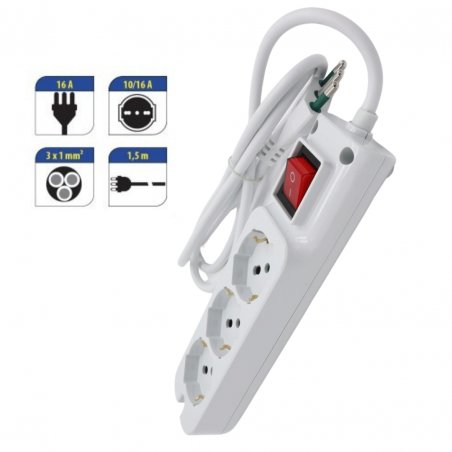 MED 7003B Multipresa 3 Prese Bipasso Schuko, Interruttore generale, Spina 16A, Bianca, Potenza massima 3500W