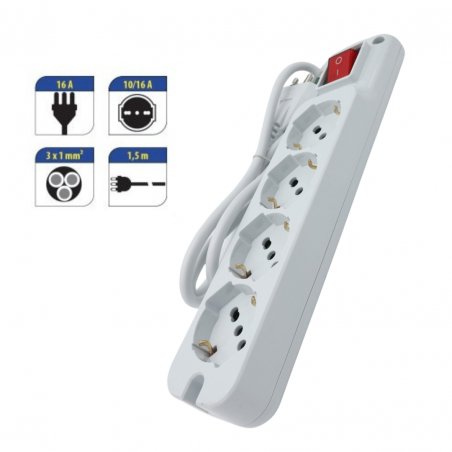 MED 7005B Multipresa 5 Prese Bipasso Schuko, Interruttore generale, Spina 16A, Bianca, Potenza massima 3500W