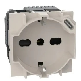 Bticino Living Now KM4140A16USB Presa Tedesca Bipasso con USB Tipo C, Sabbia, 10-16A, 2P+T, Alveoli schermati, 2 Moduli, 250V AC