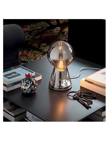 Lampada da comodino Ideal Lux Birillo TL1 Small con vetro soffiato Fumè, Forma di birillo, 1 E27, Base in metallo cromata
