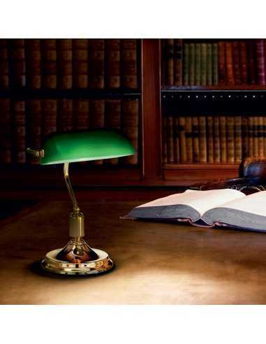 Lume da scrivania Churchill Vintage Ottone Ideal Lux Lawyer TL1, Vetro  verde incamiciato, 1 E27, Diametro 26 cm