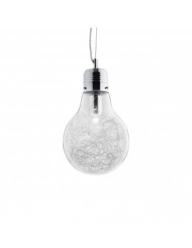 Sospensione Ideal Lux Luce Max SP1 Small a forma di lampadina con vetro trasparente decorato da fili di alluminio, 1 E27, 22 cm