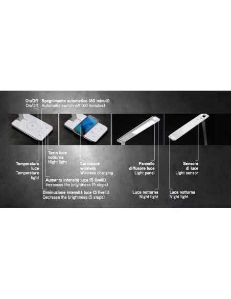 Lampada da scrivania Bianca LED Orientabile Dimmerabile con caricabatterie wireless e porta USB Perenz Remote 6360B, 10W