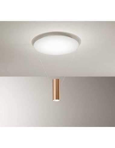 Plafoniera LED con base in bianco goffrato e cilindro sospeso biemissione in oro brunito perenz Hang 6798 OR LC, 36W, Luce calda
