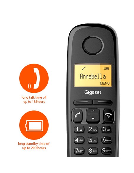 Gigaset A170 Nero Telefono cordless con display illuminato e batteria a lunga durata, Rubrica a 50 contatti, MADE IN GERMANY