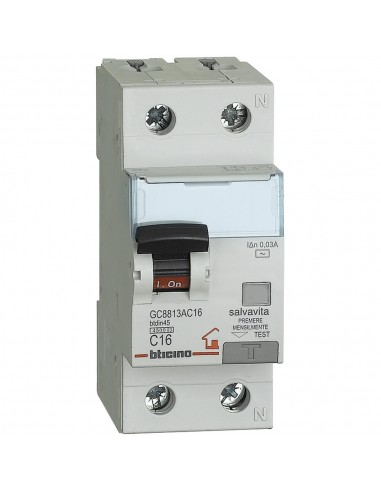Bticino GC8813AC16 Interruttore magnetotermico differenziale 16A, 2 Moduli DIN, 1P+N, 230V, IP20, Made in Italy, IMQ, 2 Poli
